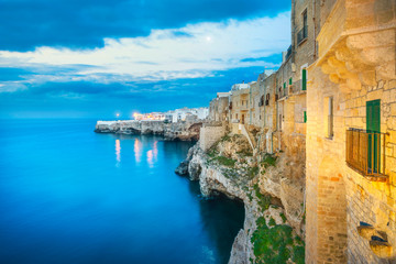 Polignano a Mare village at sunset, Bari, Apulia, Italy.