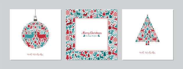 Merry Christmas square cards set with bauble, tree and christmas pattern. Doodles and sketches vector Christmas illustrations. - 308326031