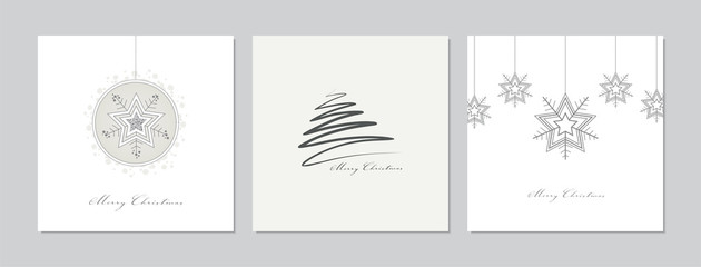 Merry Christmas square cards set with elegant star and tree. Doodles and sketches vector Christmas illustrations.