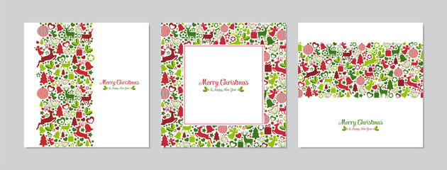 Merry Christmas square cards set with pattern. Doodles and sketches vector Christmas illustrations. - 308326098