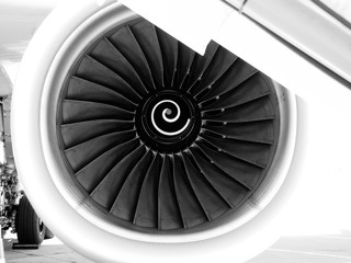 Turbine of airplane, black and white image