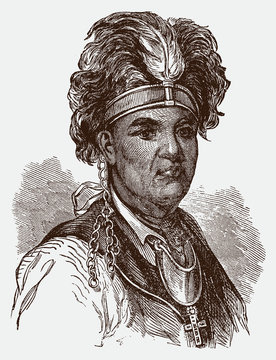 Portrait of historic Mohawk chief Thayendanegea or Joseph Brant after engraving from 19th century