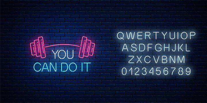 You can do it - glowing neon inscription phrase with barbell with alphabet. Motivation quote in neon style