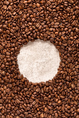 Coffee beans with round space for text background
