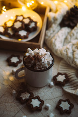 Comforting Christmas food, mug of hot cocoa with marshmallow and cookies with cozy lights