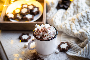 Comforting Christmas food, mug of hot cocoa with marshmallow and cookies with cozy lights