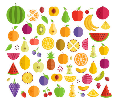 Set of fruits. Flat design. Apple, pineapple, orange, kiwi, plum, etc. Graphic elements collection. Vector fruit icons