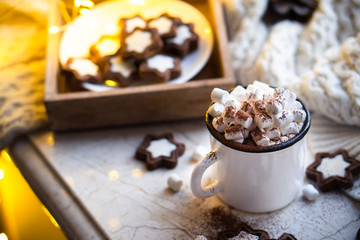 Comforting Christmas food, mug of hot cocoa with marshmallow and cookies with cozy lights