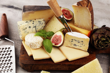 Different sorts of cheese. Cheese platter with different cheese and spice