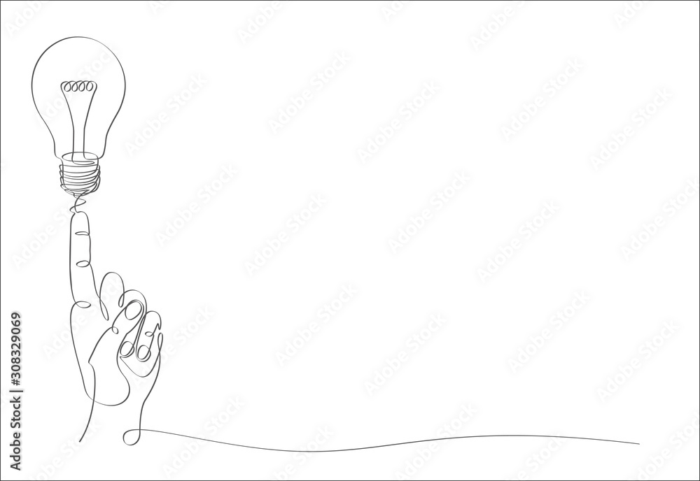 Poster continuous one line drawing idea and creativity symbol with lamp and hand. big idea.