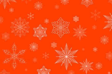 Abstract background color lush lava has white snowflakes of different shapes and sizes. Beautiful red new year, Christmas background.