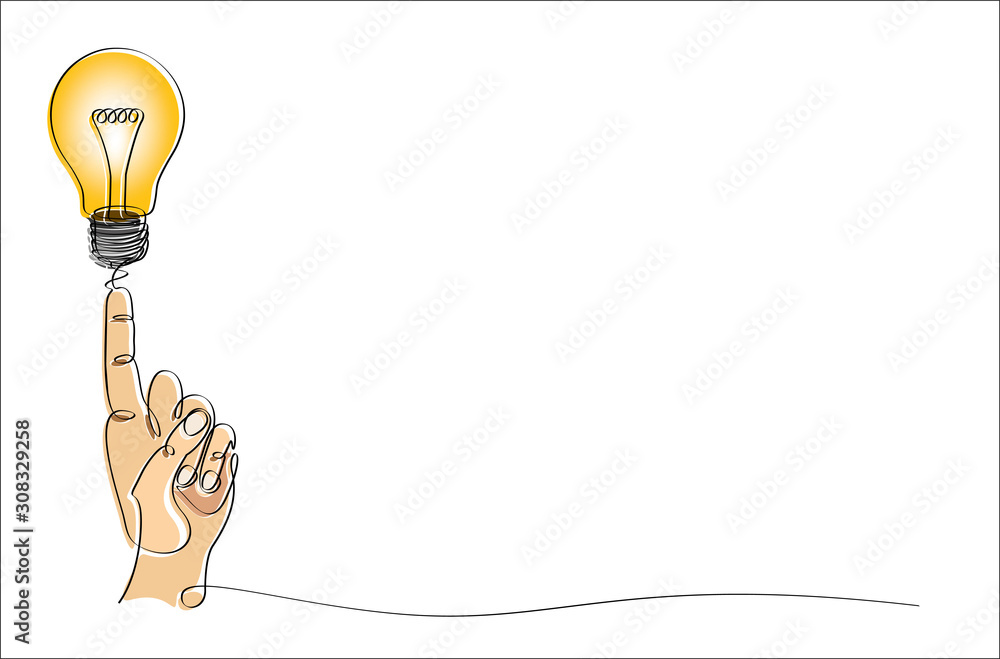 Poster continuous one line drawing idea and creativity symbol with lamp and hand. big idea.