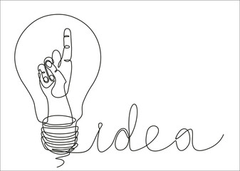 Continuous one line drawing hand in  bulb. Big Idea, vector illustration minimalism concept of idea and creativity.