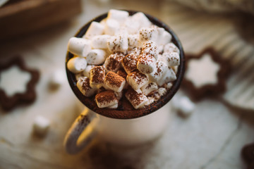 Comforting Christmas food, mug of hot cocoa with marshmallow and cookies with cozy lights