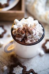 Comforting Christmas food, mug of hot cocoa with marshmallow and cookies with cozy lights