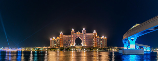 Night view of the Luxurious Atlantis Hotel in Palm Jumeirah taken at the blue hour, Dubai UAE