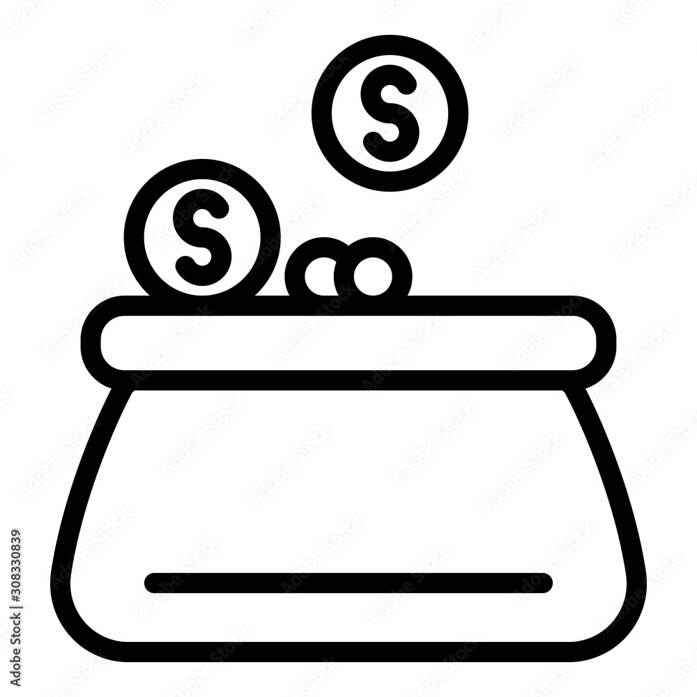 Poster coins and an old wallet icon. outline coins and an old wallet vector icon for web design isolated on