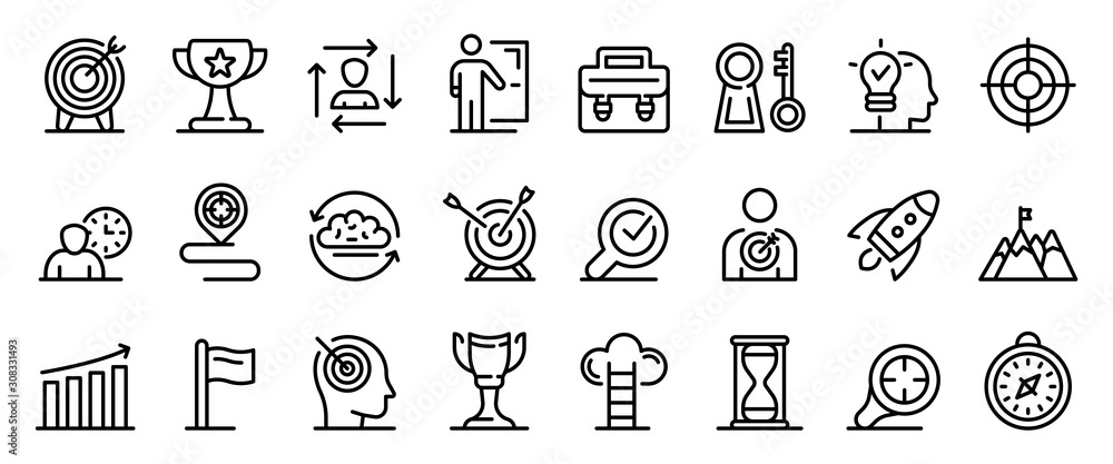 Poster mission icons set. outline set of mission vector icons for web design isolated on white background