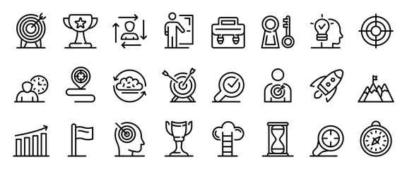 Mission icons set. Outline set of mission vector icons for web design isolated on white background