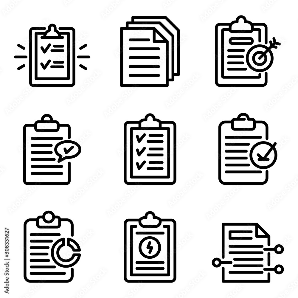 Poster summary icons set. outline set of summary vector icons for web design isolated on white background