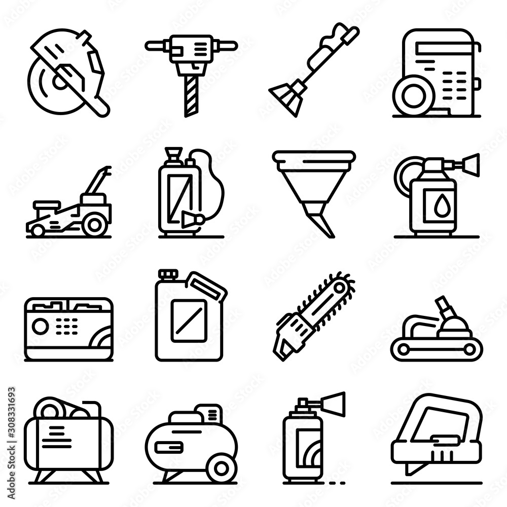 Poster gasoline tools icons set. outline set of gasoline tools vector icons for web design isolated on whit