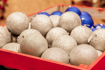 Christmas toy on the Christmas tree. New Year decoration. Decorated shop window