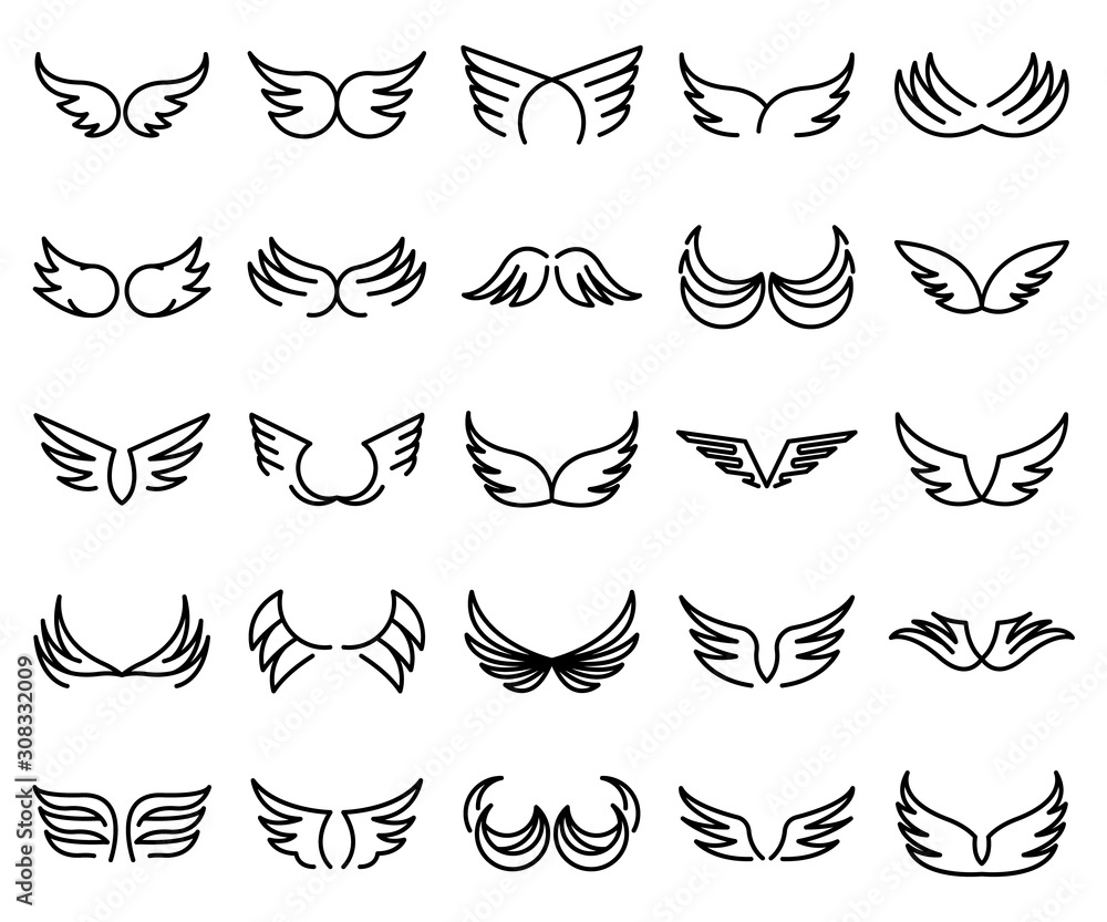 Poster wings icons set. outline set of wings vector icons for web design isolated on white background