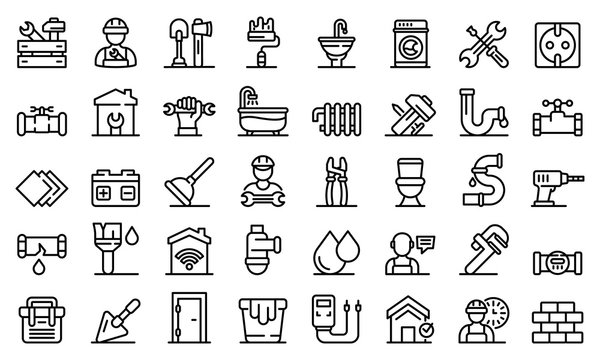 Repairman icons set. Outline set of repairman vector icons for web design isolated on white background