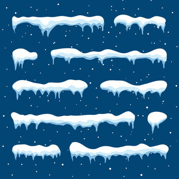 Snow cap set on blue background. Snowy elements in cartoon style on winter background. Vector illustration