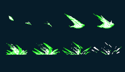 Pixel art explosion. Game icons set. Comic boom flame effects for emotion. Green flames.