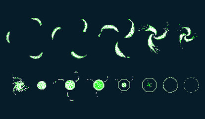 Pixel art explosion. Game icons set. Comic boom flame effects for emotion. Green flames.