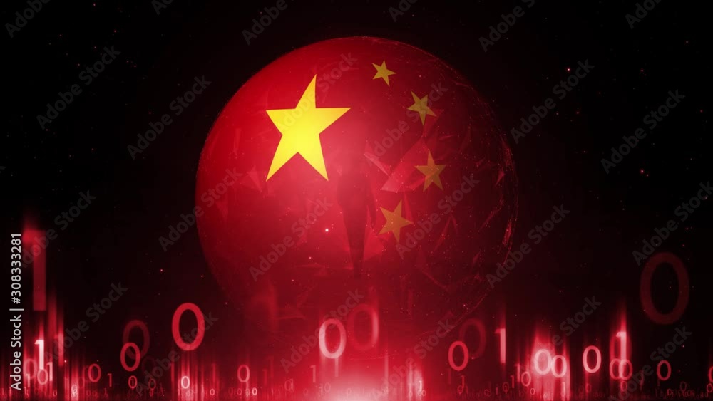 Poster china country flag sphere rotation with a man walking in artistic artificial intelligence cyberspace
