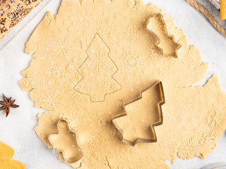 Gingerbread cookies, christmas tree shape, fir tree branches, anise stars and cinnamon sticks, red candy canes and sugar powder frame. Winter and christmas card, white background.