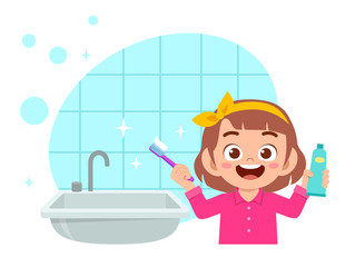 happy cute kid girl brush clean teeth