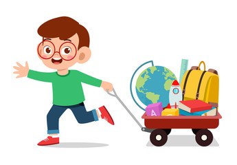 happy cute kid boy bring book to school