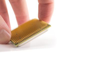 computer CPU in hand close-up isolated on white background