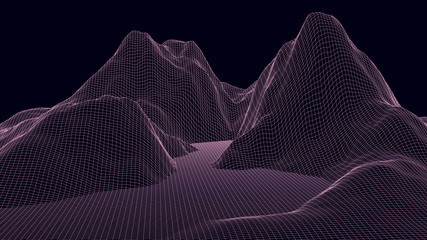 Vector wireframe 3d landscape. Technology grid illustration. Network of connected dots and lines on dark background.