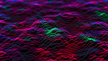 Perspective grid. Multi-colored particles and lines. Abstract digital background. 3d rendering.