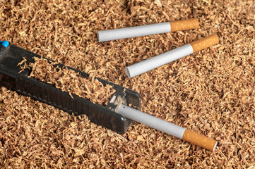 empty cigarette liners and tobacco machine, tobacco close-up background, texture chopped tobacco leaves