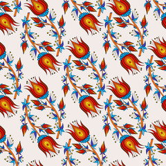 Seamless pattern with elements of Indian painting in the kalamkari style with flowers. Can be used for textiles, souvenirs and gifts. Floral ornament