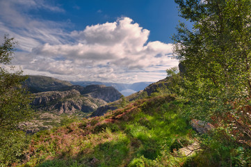 Beautiful nature surrounding Lysefjord, Lysefiorden. Landscape shoot during sunny summer day. Scandinavia. Norway.