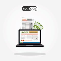 Online digital invoice laptop or notebook with bills, money, flat design illustration
