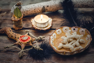 Future reading on the bones concept. Witchcraft table. Witch doctor.