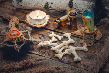 Future reading on the bones concept. Witchcraft table. Witch doctor.