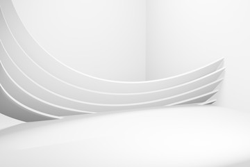 3D rendering. Abstract architecture background. White room with round design elements