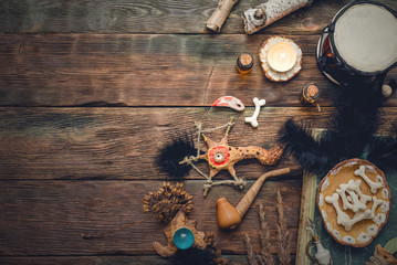 Witchcraft table. Witch doctor. Shamanic accessories. Old magic book.