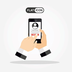 Sign in page on smartphone screen. Hand hold phone, finger touch sign in button. Vector flat illustration.