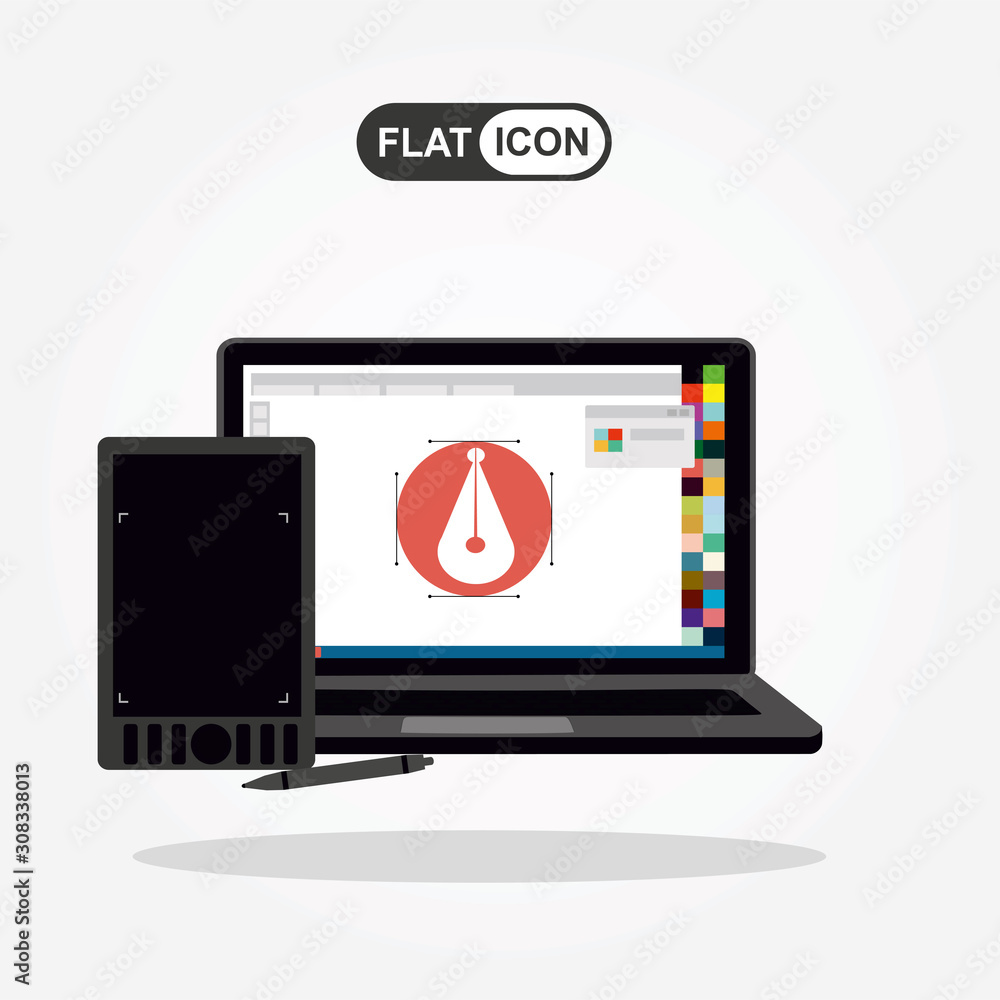 Aufkleber printing and graphic design concept. design program on laptop and tablet.