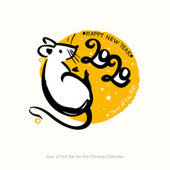 Handwritten Rat 2020. Cute white mouse. Year of the rat inscription on the background of yellow round stamp. New Year on the Chinese calendar.