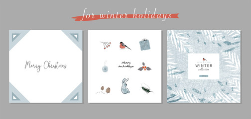 Christmas cute cartoon illustration clipart with different winter holidays symbols